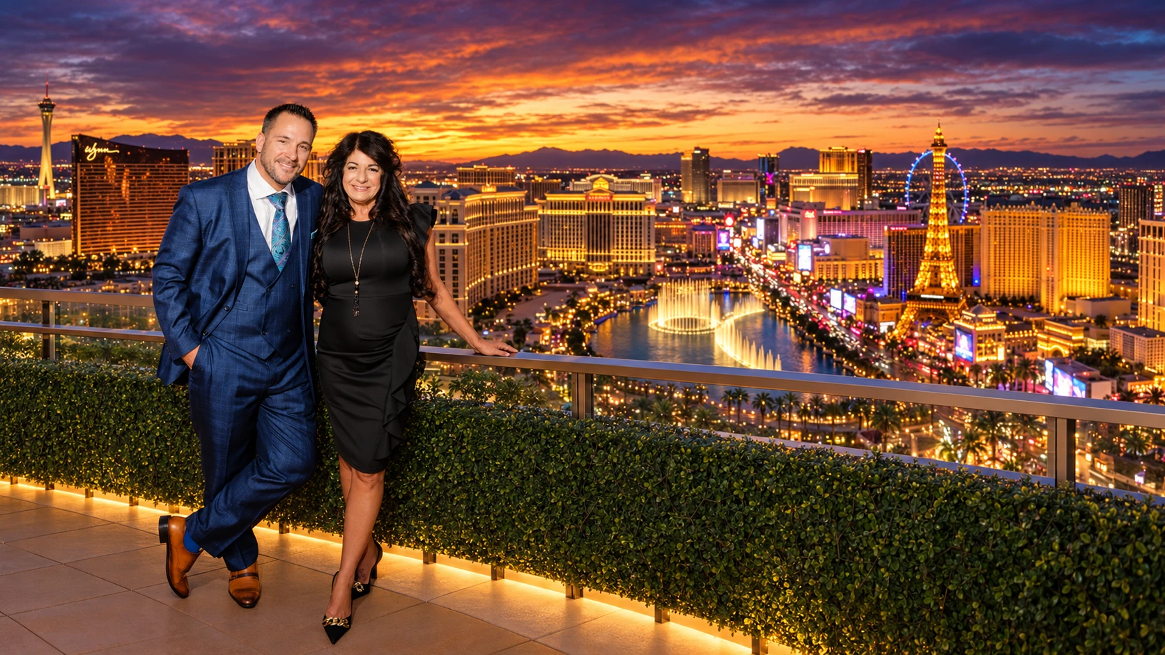 Edited composite of Brad Wolfe and Mary Baca with a vivid Las Vegas sunset skyline